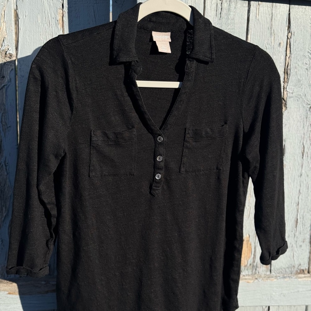 Chico's Linen Shirt Small size 0 Casual Classic Office Work Basic Modern Black